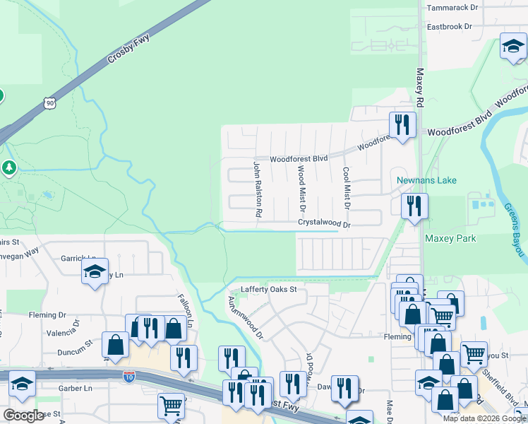 map of restaurants, bars, coffee shops, grocery stores, and more near 623 Slumberwood Drive in Houston