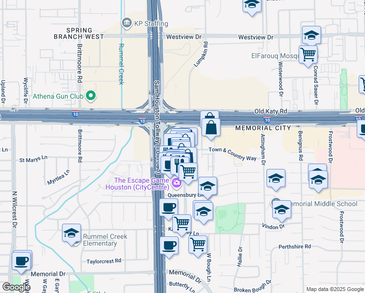 map of restaurants, bars, coffee shops, grocery stores, and more near 802 Town and Country Boulevard in Houston