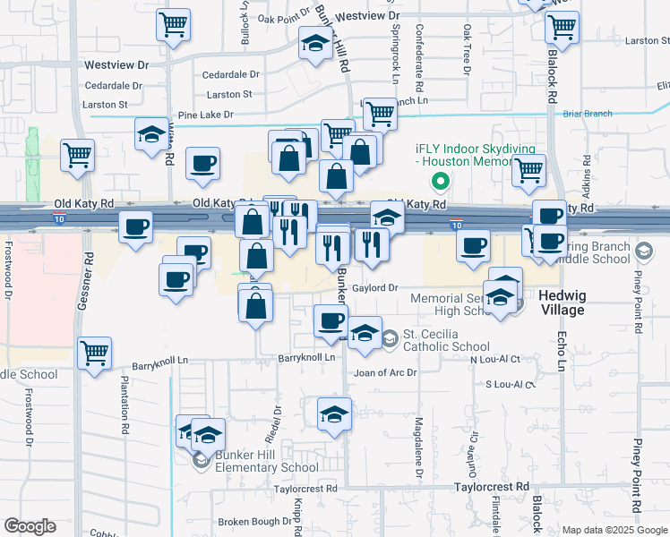 map of restaurants, bars, coffee shops, grocery stores, and more near 981 Bunker Hill Road in Houston