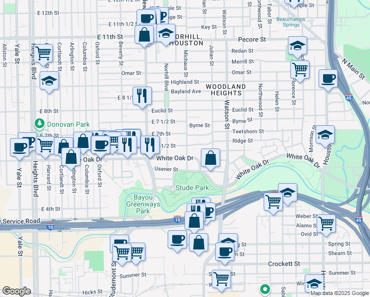map of restaurants, bars, coffee shops, grocery stores, and more near 1016 East 6 1/2 Street in Houston