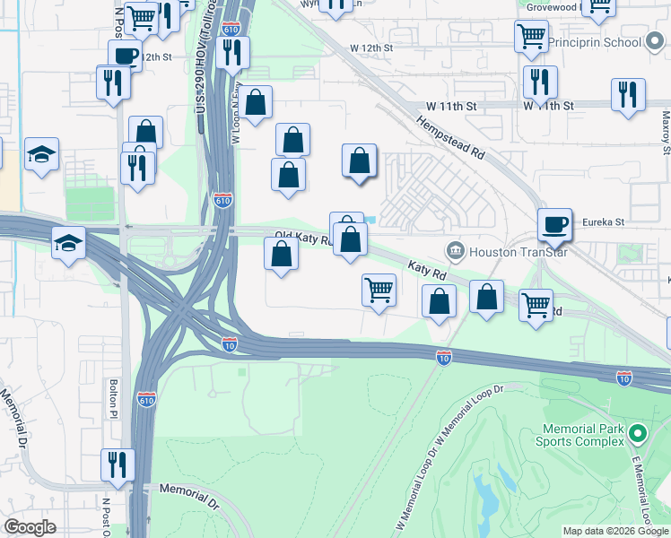 map of restaurants, bars, coffee shops, grocery stores, and more near 7105 Old Katy Road in Houston