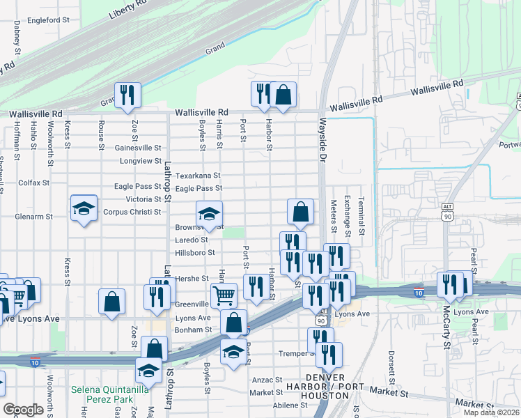 map of restaurants, bars, coffee shops, grocery stores, and more near 340 Harbor Street in Houston
