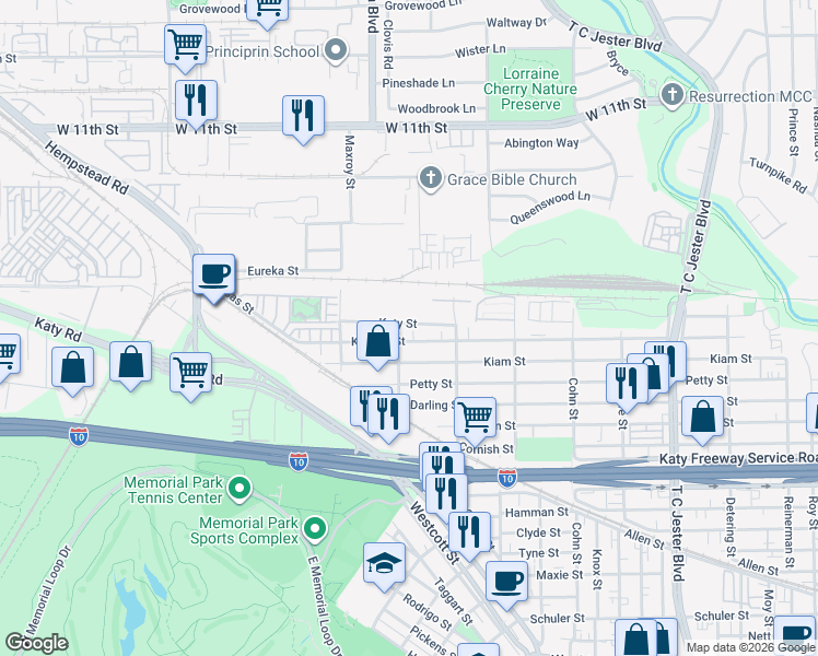 map of restaurants, bars, coffee shops, grocery stores, and more near 5849 Katy Street in Houston