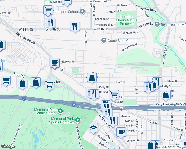 map of restaurants, bars, coffee shops, grocery stores, and more near 5923 Katy Street in Houston