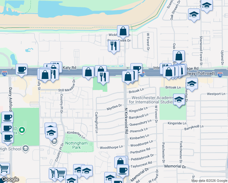 map of restaurants, bars, coffee shops, grocery stores, and more near 14026 Britoak Lane in Houston