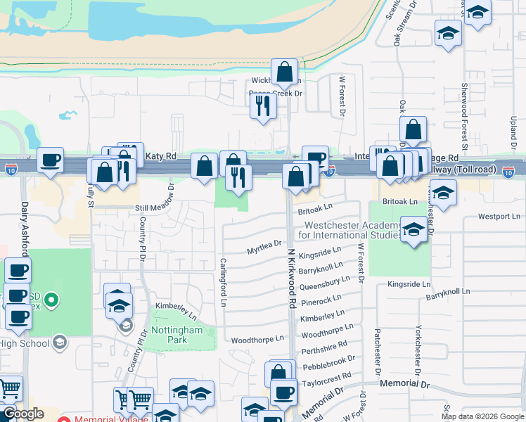 map of restaurants, bars, coffee shops, grocery stores, and more near 14026 Britoak Lane in Houston