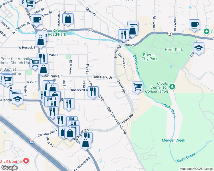 map of restaurants, bars, coffee shops, grocery stores, and more near 134 Whisper Way in Boerne
