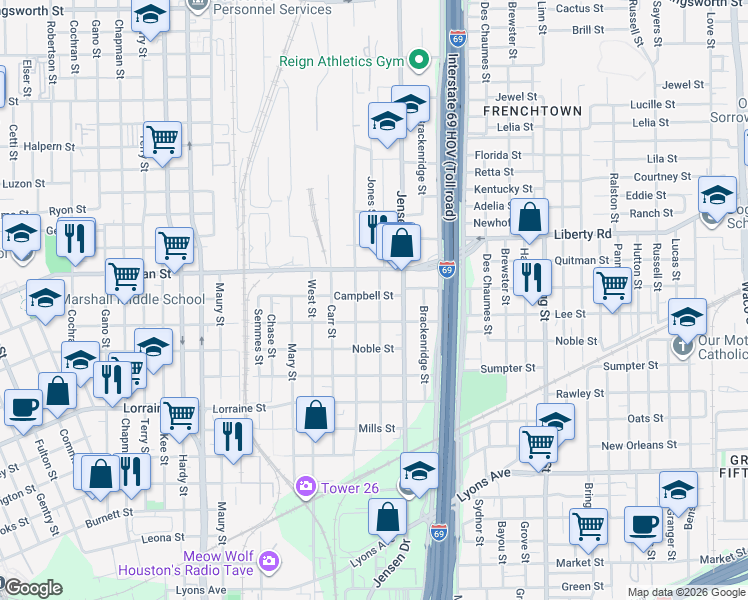 map of restaurants, bars, coffee shops, grocery stores, and more near 2616 Campbell Street in Houston