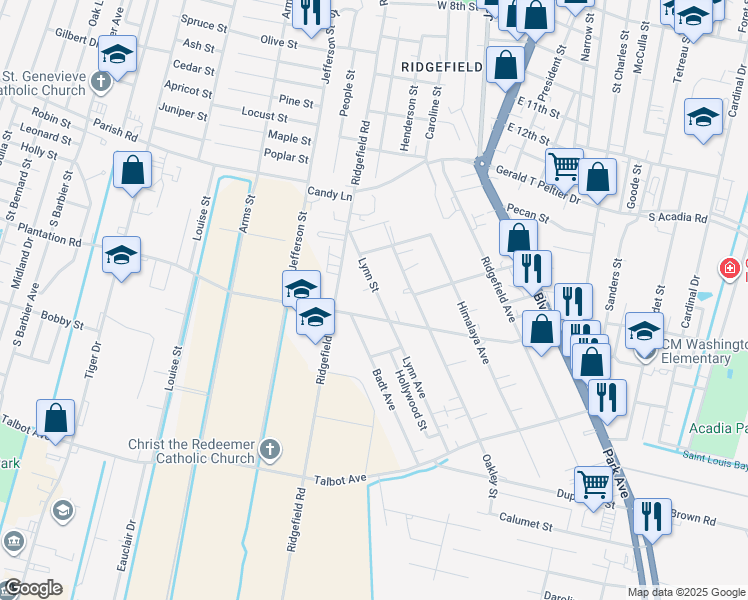 map of restaurants, bars, coffee shops, grocery stores, and more near 1420 Lynn Street in Thibodaux