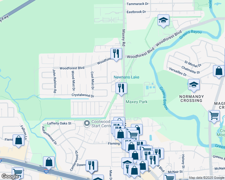 map of restaurants, bars, coffee shops, grocery stores, and more near 12380 Wood Bayou Drive in Houston
