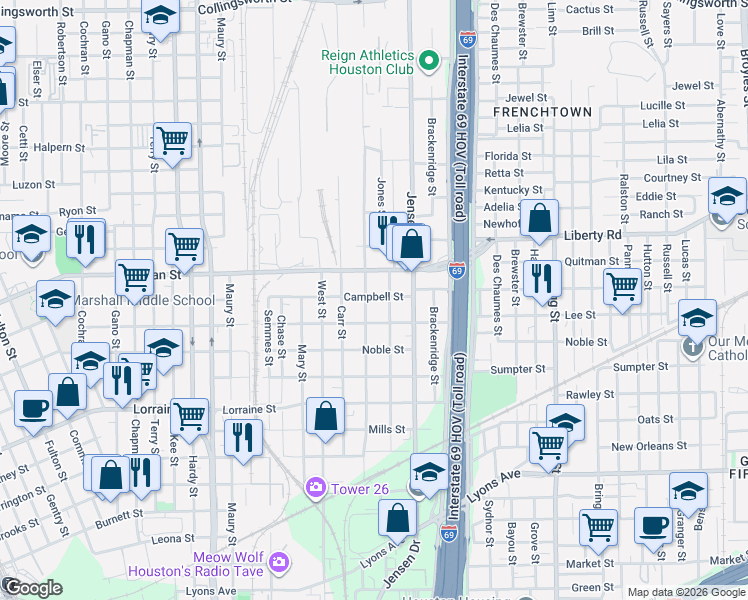 map of restaurants, bars, coffee shops, grocery stores, and more near 2616 Campbell Street in Houston