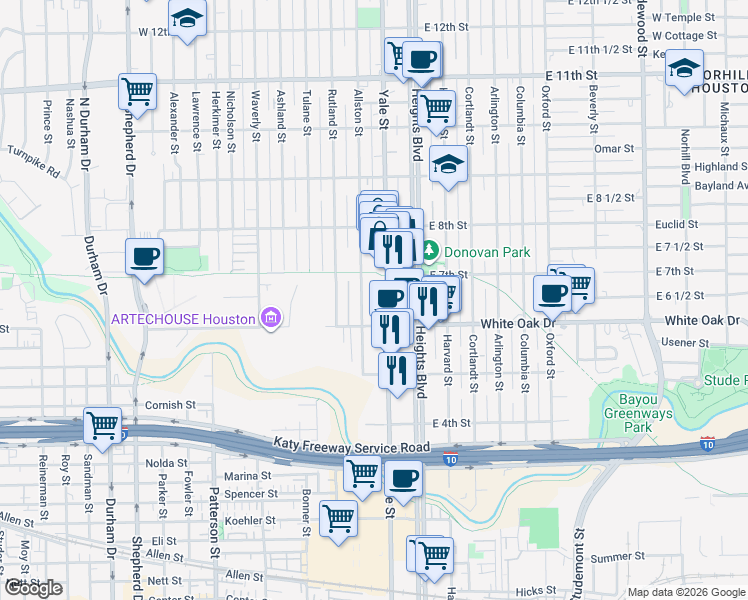 map of restaurants, bars, coffee shops, grocery stores, and more near 625 Allston Street in Houston