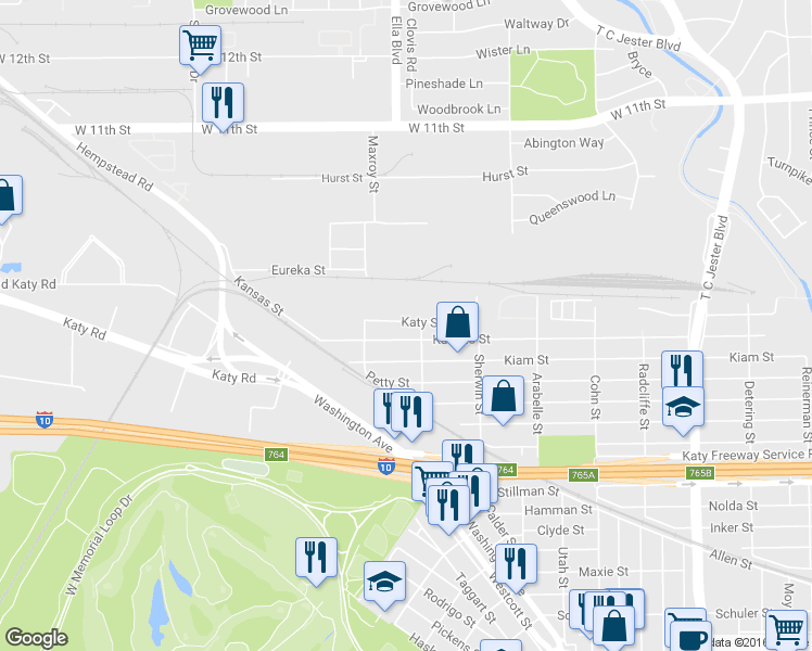 map of restaurants, bars, coffee shops, grocery stores, and more near 5923 Katy Street in Houston