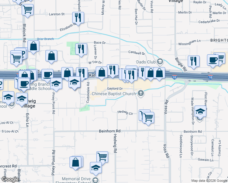 map of restaurants, bars, coffee shops, grocery stores, and more near 239 Gaylord Drive in Houston