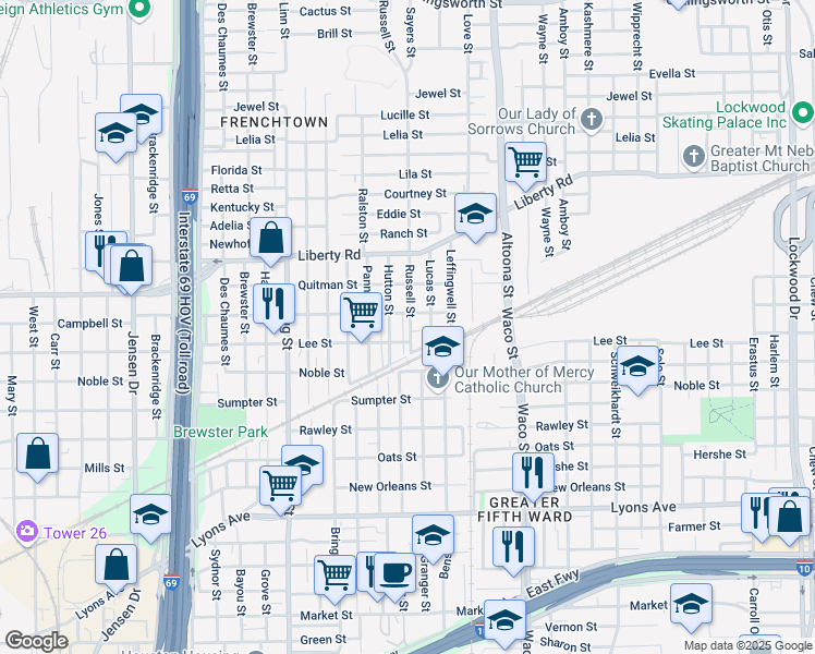 map of restaurants, bars, coffee shops, grocery stores, and more near 2217 Russell Street in Houston