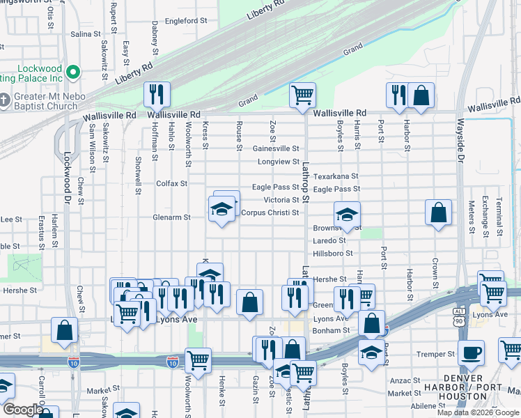 map of restaurants, bars, coffee shops, grocery stores, and more near 6607 Corpus Christi Street in Houston
