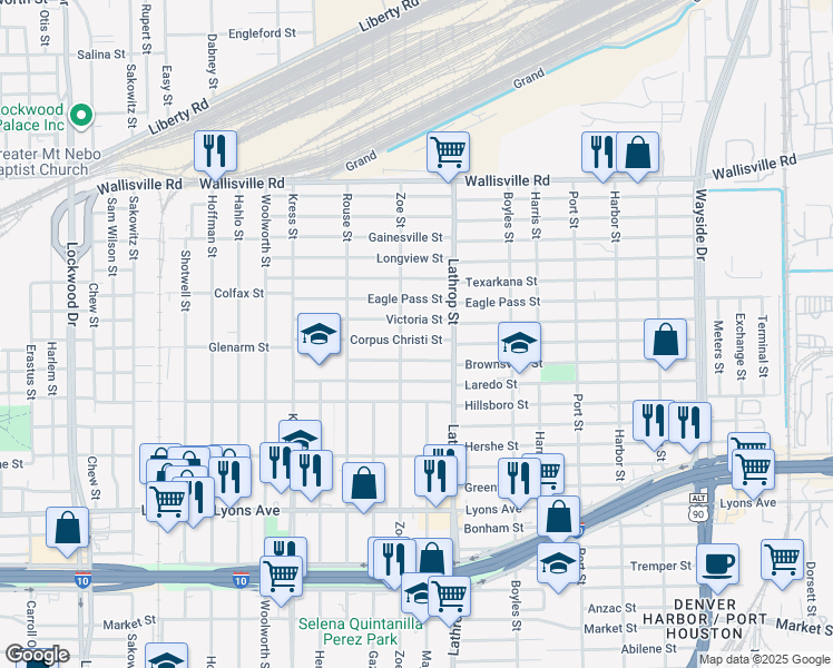 map of restaurants, bars, coffee shops, grocery stores, and more near 6715 Corpus Christi Street in Houston