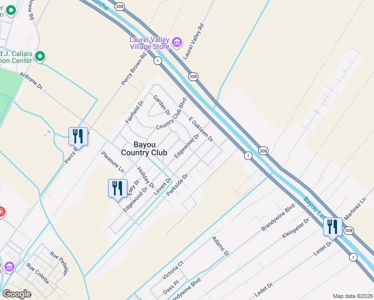 map of restaurants, bars, coffee shops, grocery stores, and more near 511 Edgewood Drive in Thibodaux