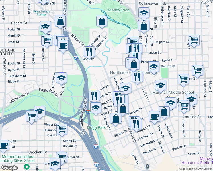 map of restaurants, bars, coffee shops, grocery stores, and more near 503 Carl Street in Houston
