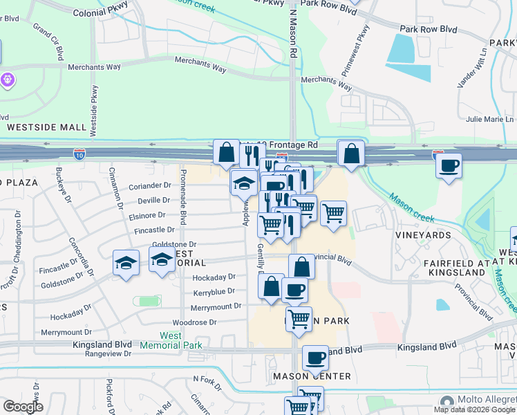 map of restaurants, bars, coffee shops, grocery stores, and more near 22006 Elsinore Drive in Katy