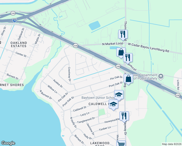 map of restaurants, bars, coffee shops, grocery stores, and more near 214 Crabapple Drive in Baytown