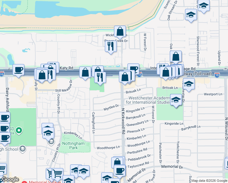 map of restaurants, bars, coffee shops, grocery stores, and more near 14018 Britoak Lane in Houston