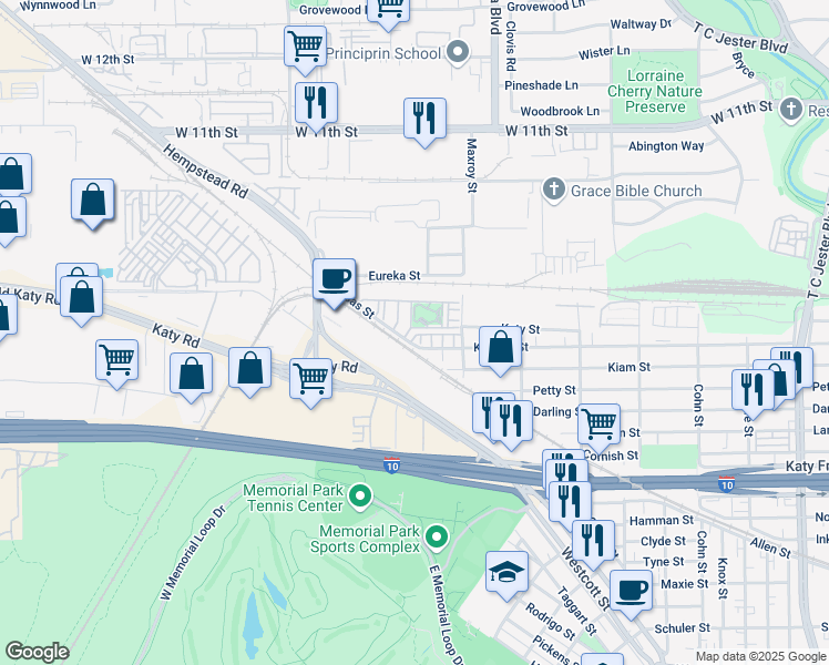 map of restaurants, bars, coffee shops, grocery stores, and more near 6043 Matthew Oaks Place in Houston