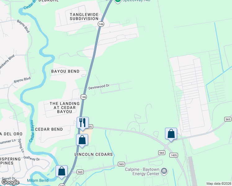 map of restaurants, bars, coffee shops, grocery stores, and more near 10418 Lauren Creek Drive in Baytown