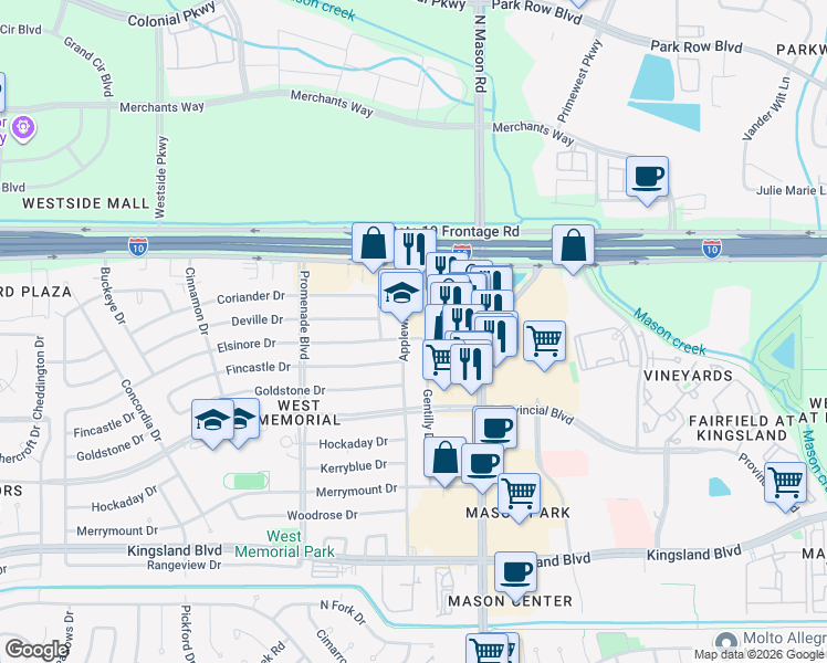 map of restaurants, bars, coffee shops, grocery stores, and more near 22006 Elsinore Drive in Katy