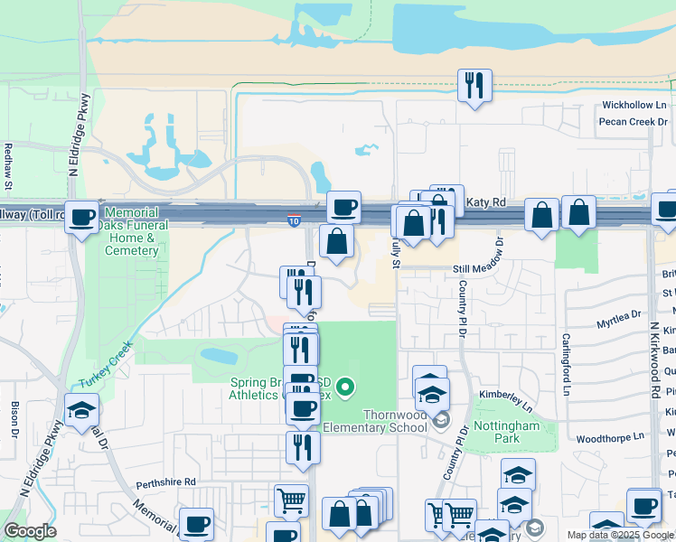 map of restaurants, bars, coffee shops, grocery stores, and more near 1200 North Dairy Ashford Road in Houston