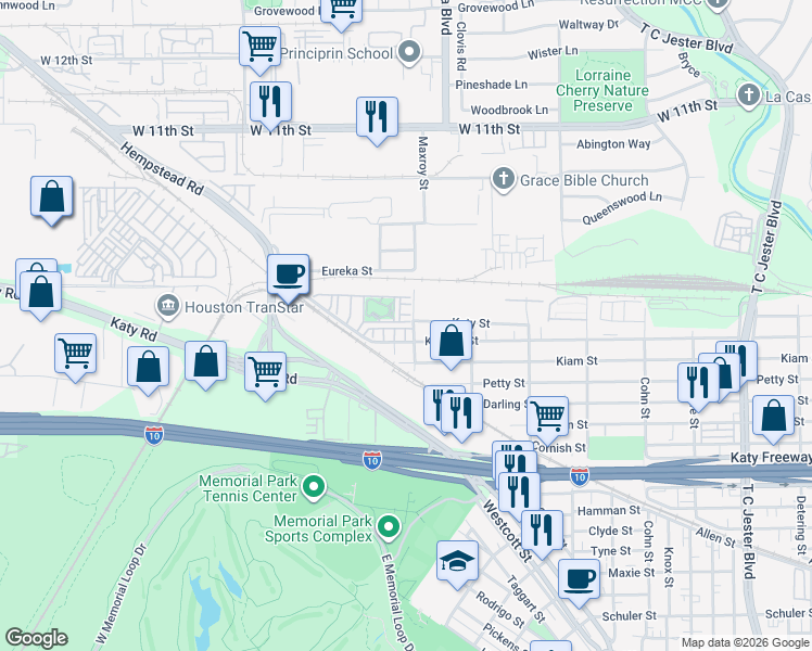 map of restaurants, bars, coffee shops, grocery stores, and more near 6005 Matthew Oaks Place in Houston