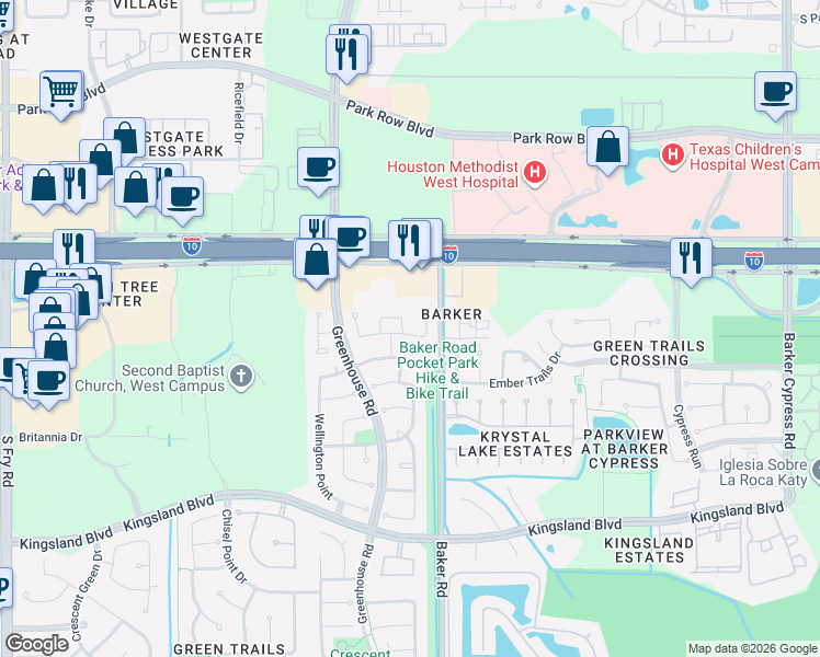 map of restaurants, bars, coffee shops, grocery stores, and more near 19102 East Larah Lane in Houston