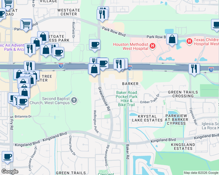 map of restaurants, bars, coffee shops, grocery stores, and more near 210 West Larah Lane in Houston