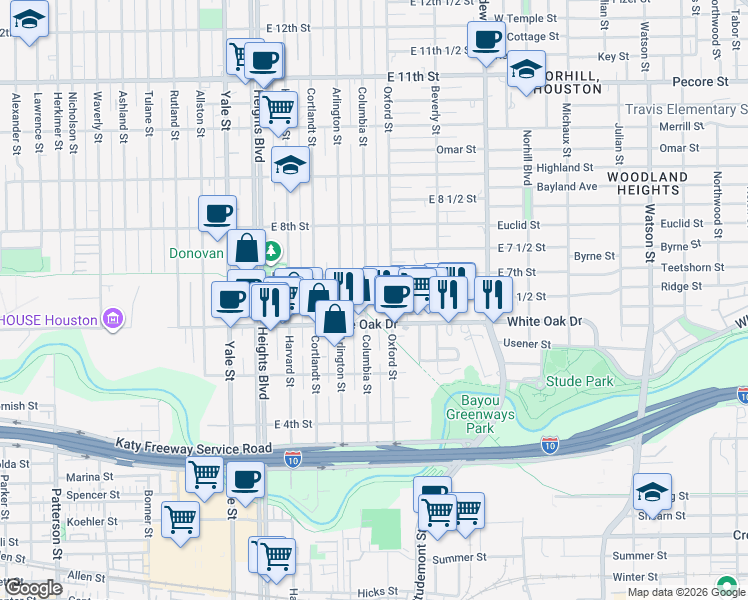 map of restaurants, bars, coffee shops, grocery stores, and more near 622 Columbia Street in Houston