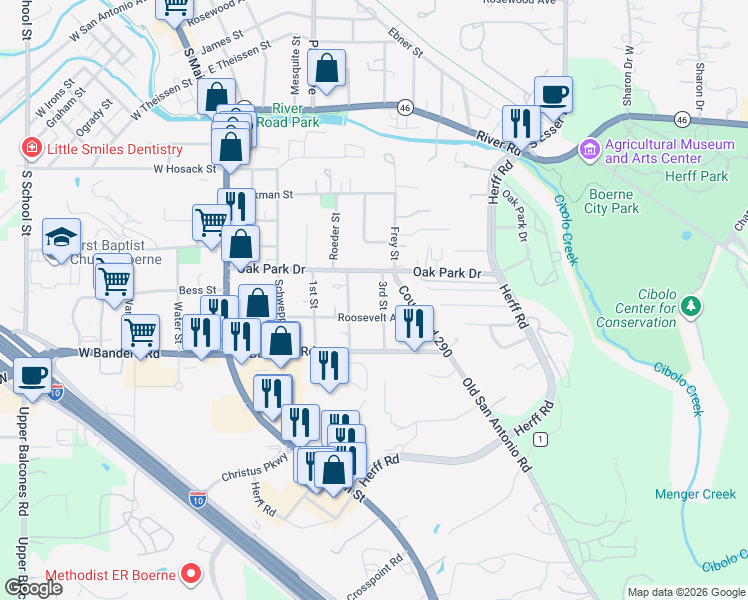 map of restaurants, bars, coffee shops, grocery stores, and more near 122 3rd St in Boerne