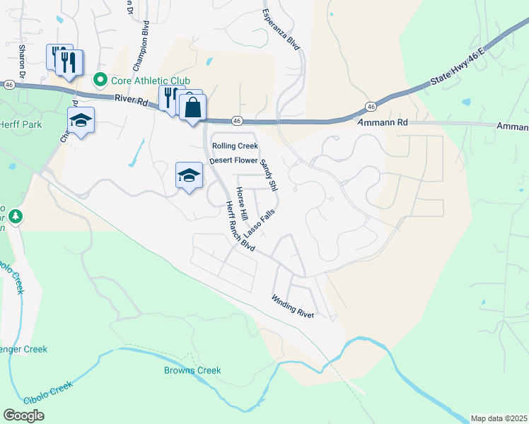 map of restaurants, bars, coffee shops, grocery stores, and more near 308 Lasso Falls in Boerne