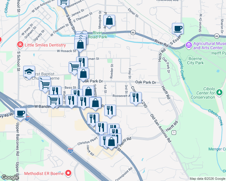 map of restaurants, bars, coffee shops, grocery stores, and more near 122 2nd St in Boerne