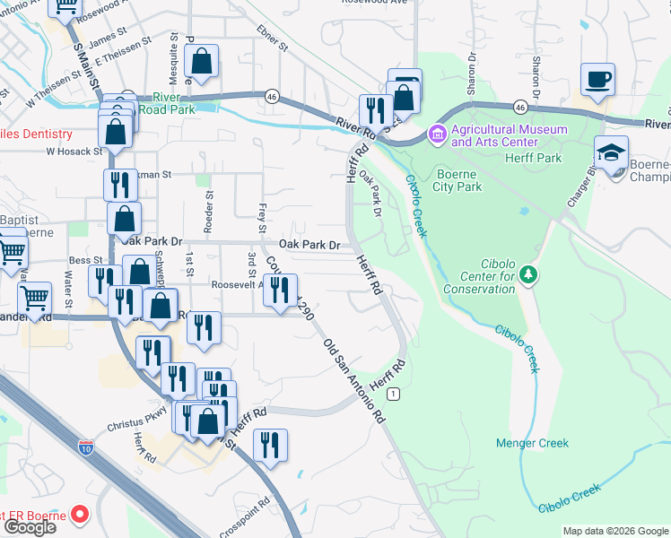 map of restaurants, bars, coffee shops, grocery stores, and more near 118 Whisper Way in Boerne