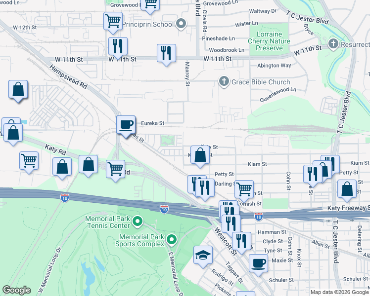 map of restaurants, bars, coffee shops, grocery stores, and more near 5955 Katy Street in Houston
