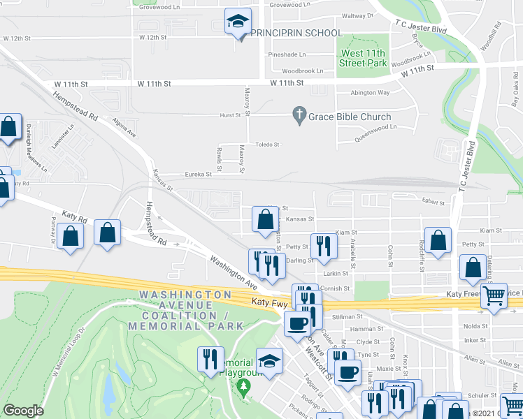 map of restaurants, bars, coffee shops, grocery stores, and more near 5923 Katy Street in Houston