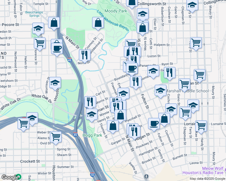 map of restaurants, bars, coffee shops, grocery stores, and more near 2407 Freeman Street in Houston