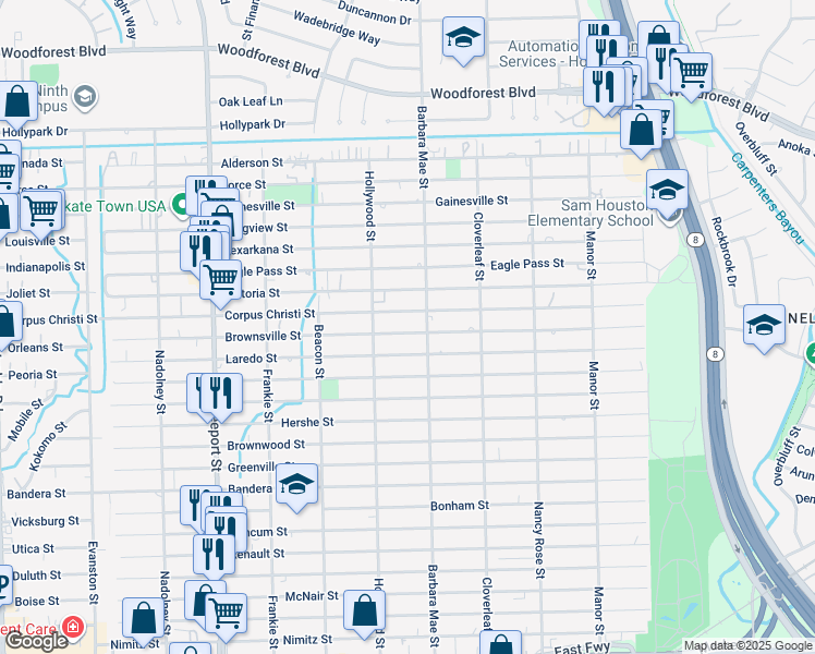 map of restaurants, bars, coffee shops, grocery stores, and more near 14241 Brownsville Street in Houston