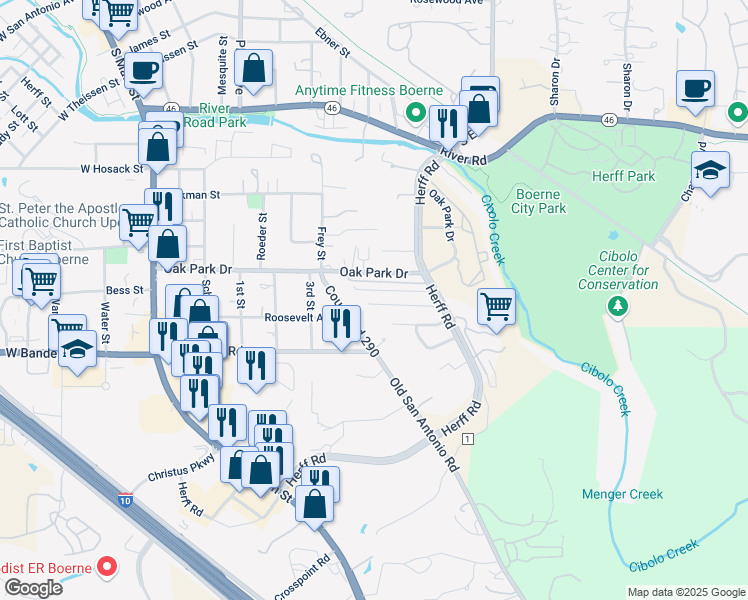 map of restaurants, bars, coffee shops, grocery stores, and more near 146 Whisper Way in Boerne