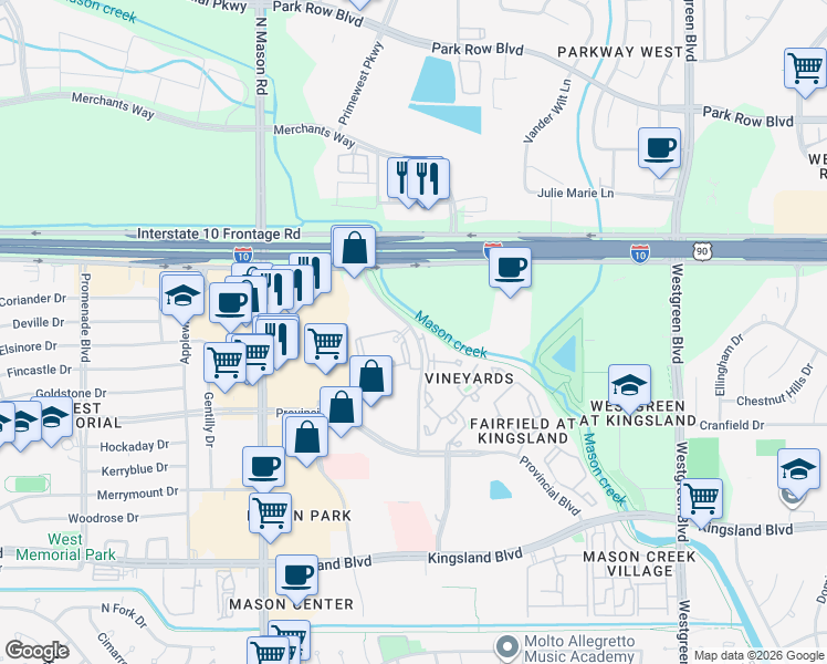 map of restaurants, bars, coffee shops, grocery stores, and more near 218 Mason Creek Drive in Katy