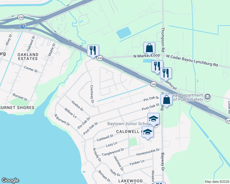 map of restaurants, bars, coffee shops, grocery stores, and more near 214 Crabapple Drive in Baytown