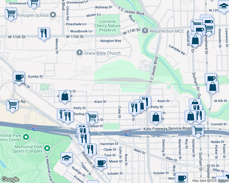 map of restaurants, bars, coffee shops, grocery stores, and more near 5609 Cohn Meadow Lane in Houston