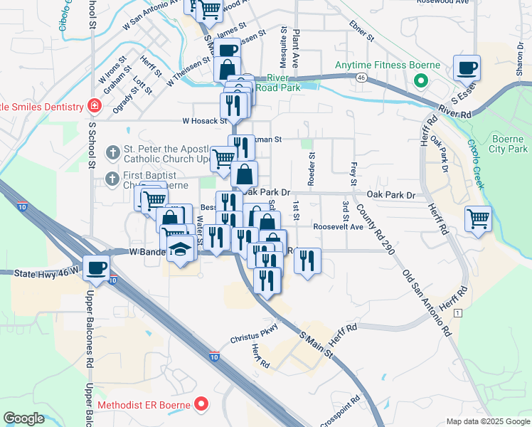 map of restaurants, bars, coffee shops, grocery stores, and more near 138 Saddle Club Circle in Boerne