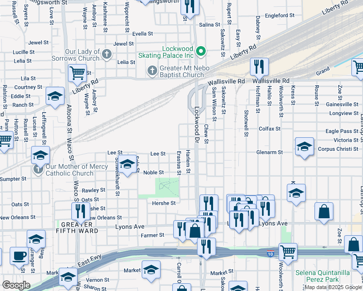 map of restaurants, bars, coffee shops, grocery stores, and more near 2308 Erastus Street in Houston