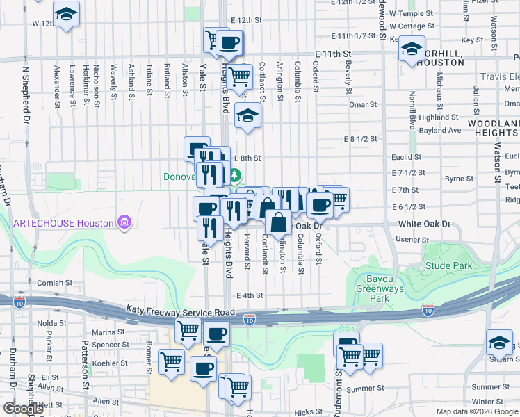 map of restaurants, bars, coffee shops, grocery stores, and more near 625 Cortlandt Street in Houston