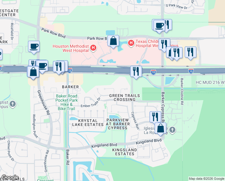 map of restaurants, bars, coffee shops, grocery stores, and more near 134 Townsend Mill Court in Houston